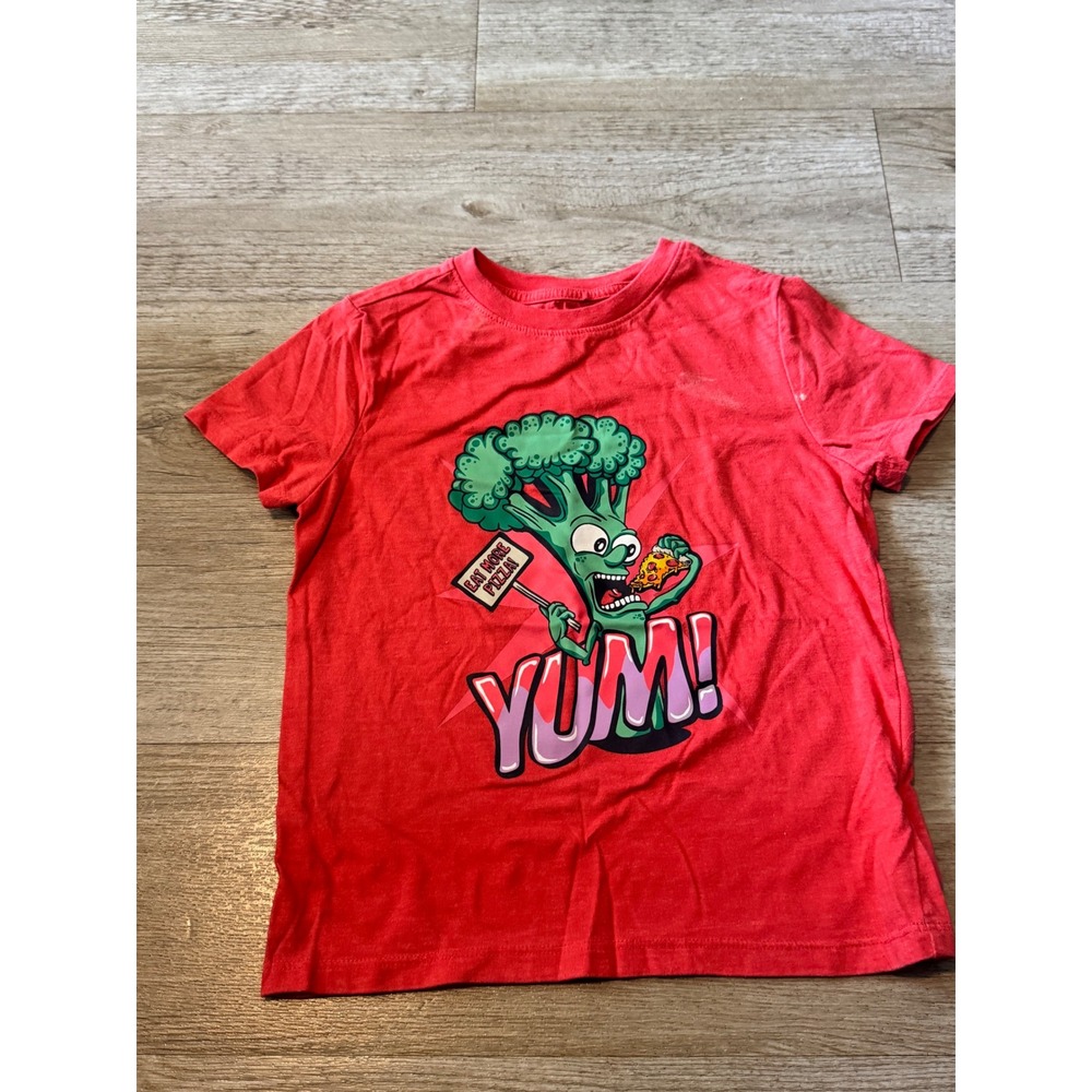 Cat & Jack Boys Red Broccoli Pizza Graphic Tee Shirt XS 4/5
